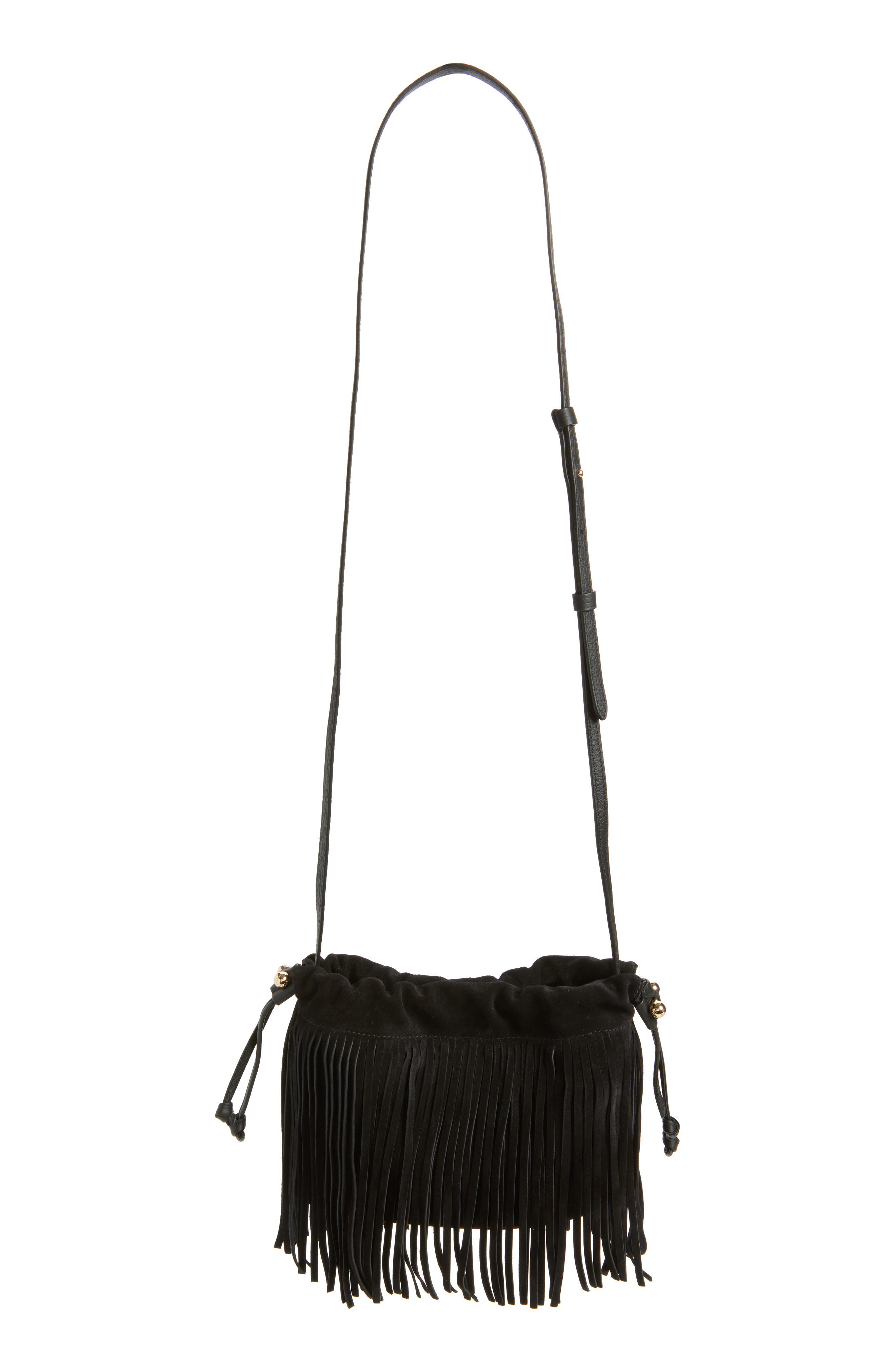 Strathberry x Cinq à Sept Drawstring Fringe Suede Crossbody Bag, Alternate, color, Black