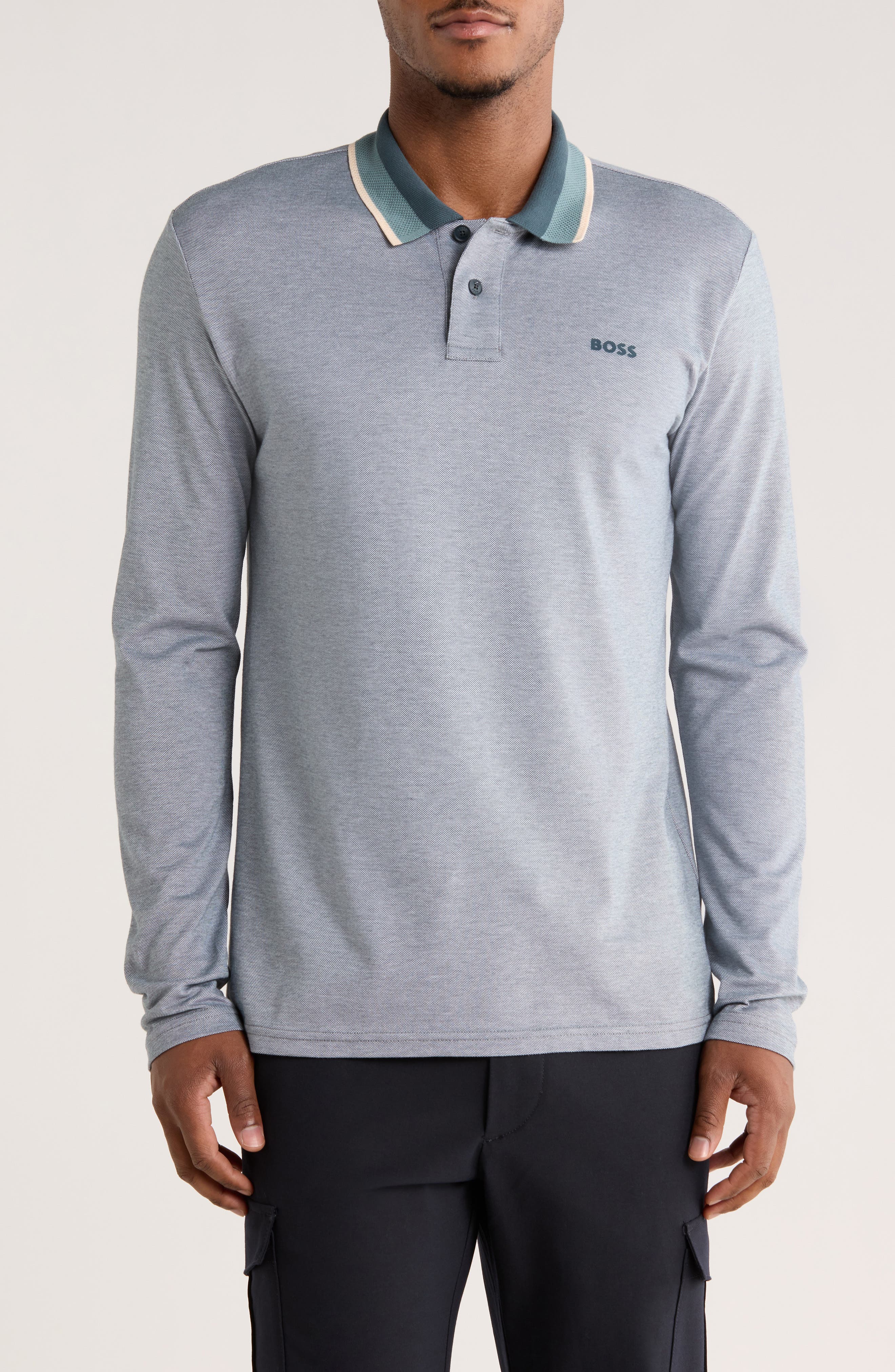 BOSS Stripe Collar Long Sleeve Cotton Piqué Polo