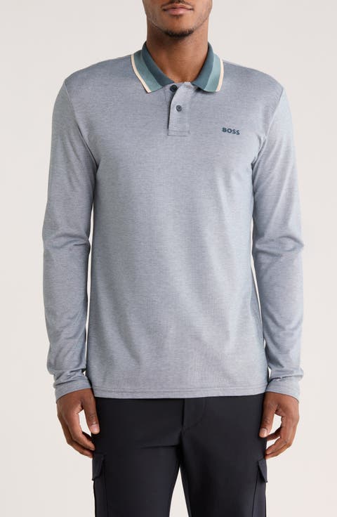 Stripe Collar Long Sleeve Cotton Piqué Polo