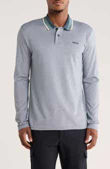 BOSS Stripe Collar Long Sleeve Cotton Piqué Polo