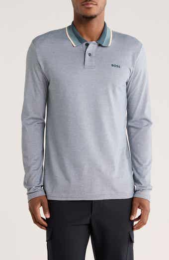 BOSS Stripe Collar Long Sleeve Cotton Piqué Polo