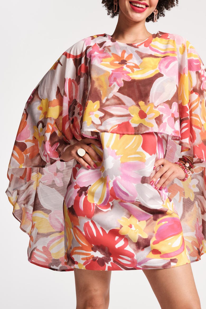 Mini Cape Dress Sun Floral Poly Chiffon, Alternate, color, Pink/Multi