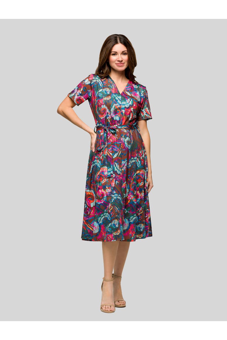 Brown and Pink Print Short Sleeve Tie Waist Midi Dress, Alternate, color, Brown Multi