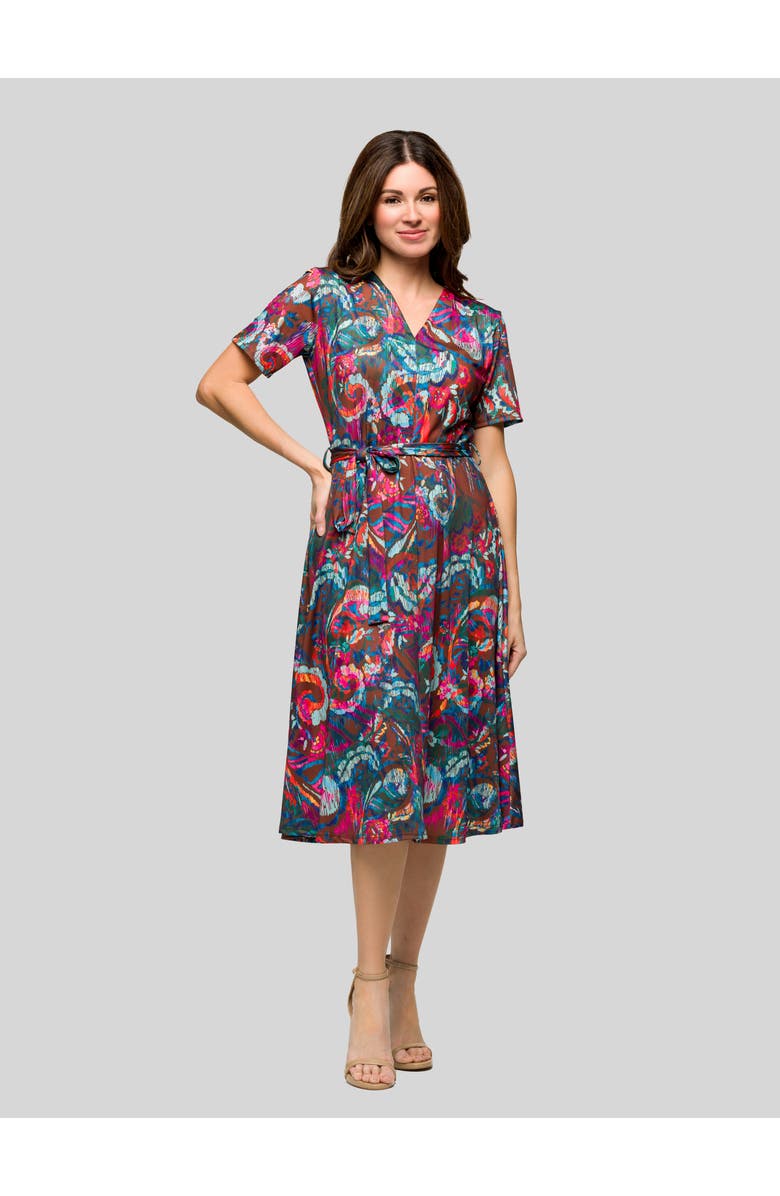 24seven Comfort Apparel Brown and Pink Print Short Sleeve Tie Waist Midi Dress, Alternate, color, Brown Multi