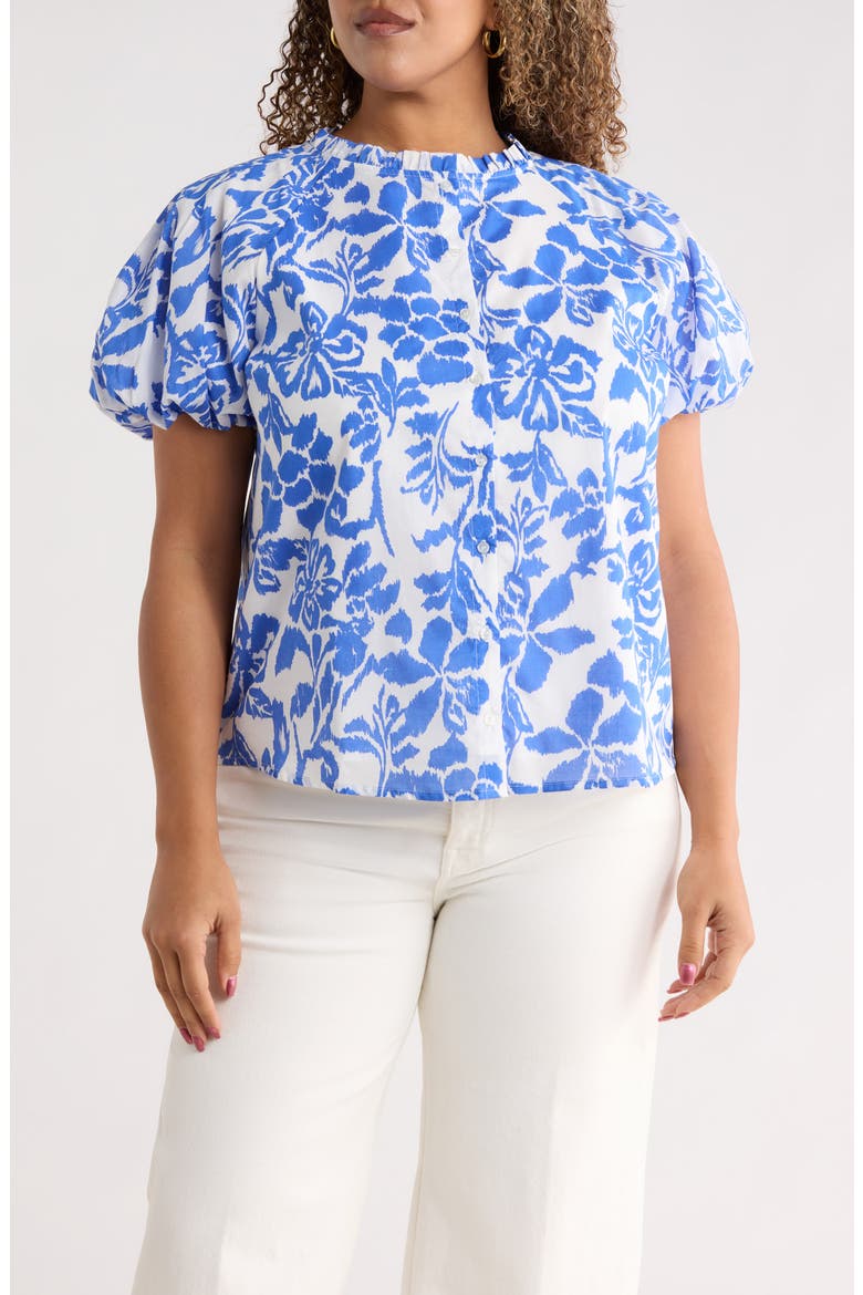 Shia Floral Avy Cotton Button-Up Top, Main, color, WHITE BLUE