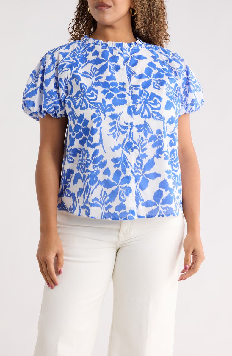 SUGARLIPS Shia Floral Avy Cotton Button-Up Top, Main, color, White Blue