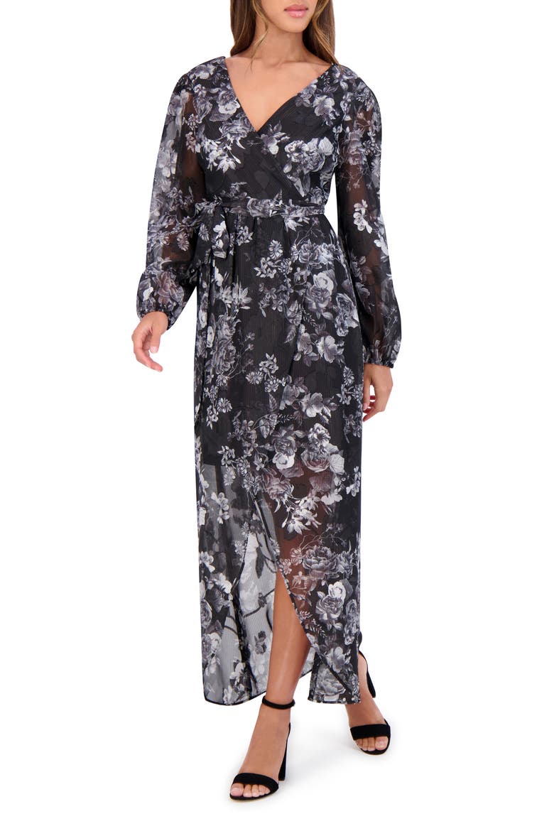 Floral Metallic Stripe Long Sleeve Faux Wrap Midi Dress, Alternate, color, BLACK MULTI