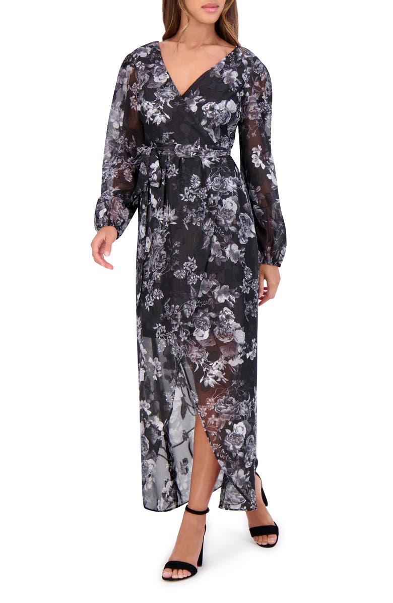 Siena Floral Metallic Stripe Long Sleeve Faux Wrap Midi Dress, Alternate, color, Black Multi