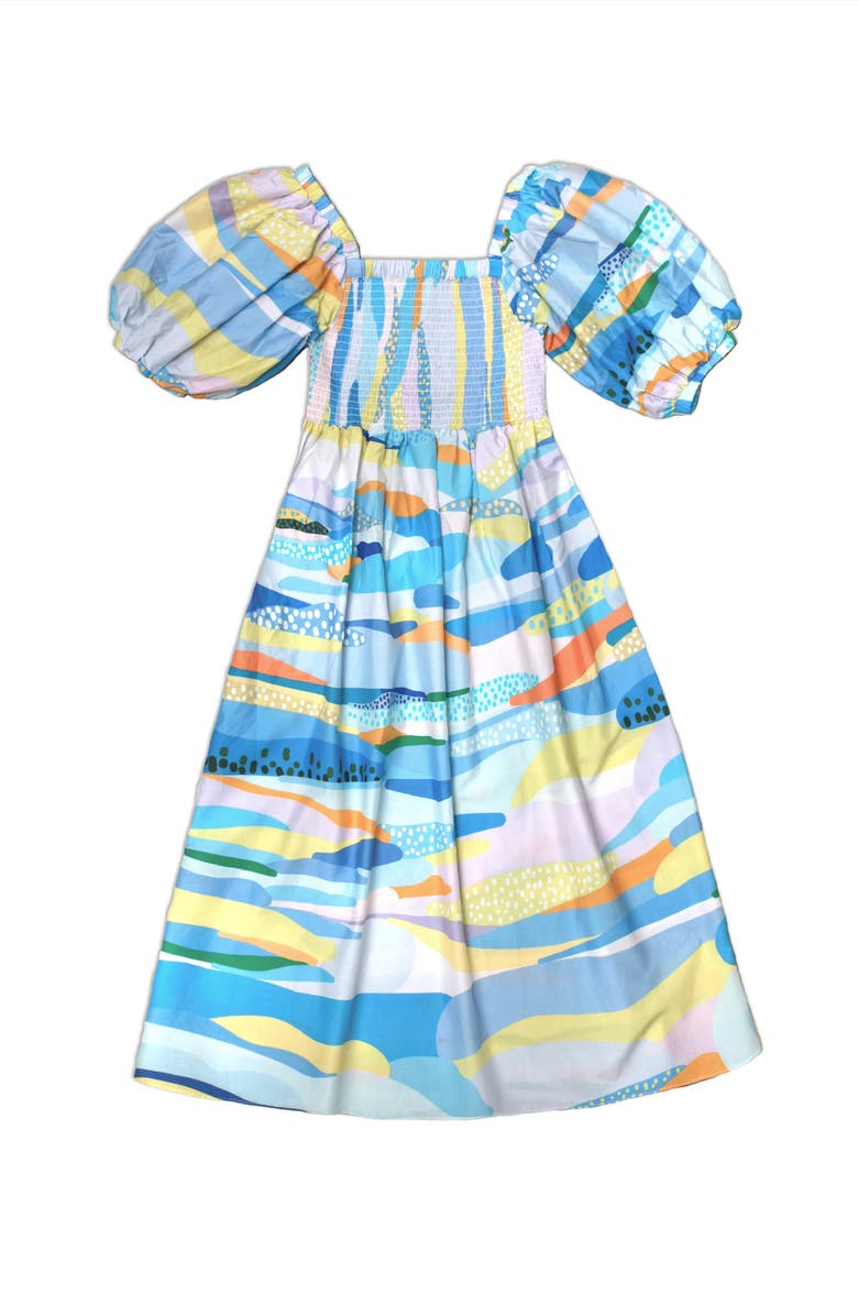 Jessie Zhao New York Landscape Smocked Cotton Silk Dress, Alternate, color, Blue