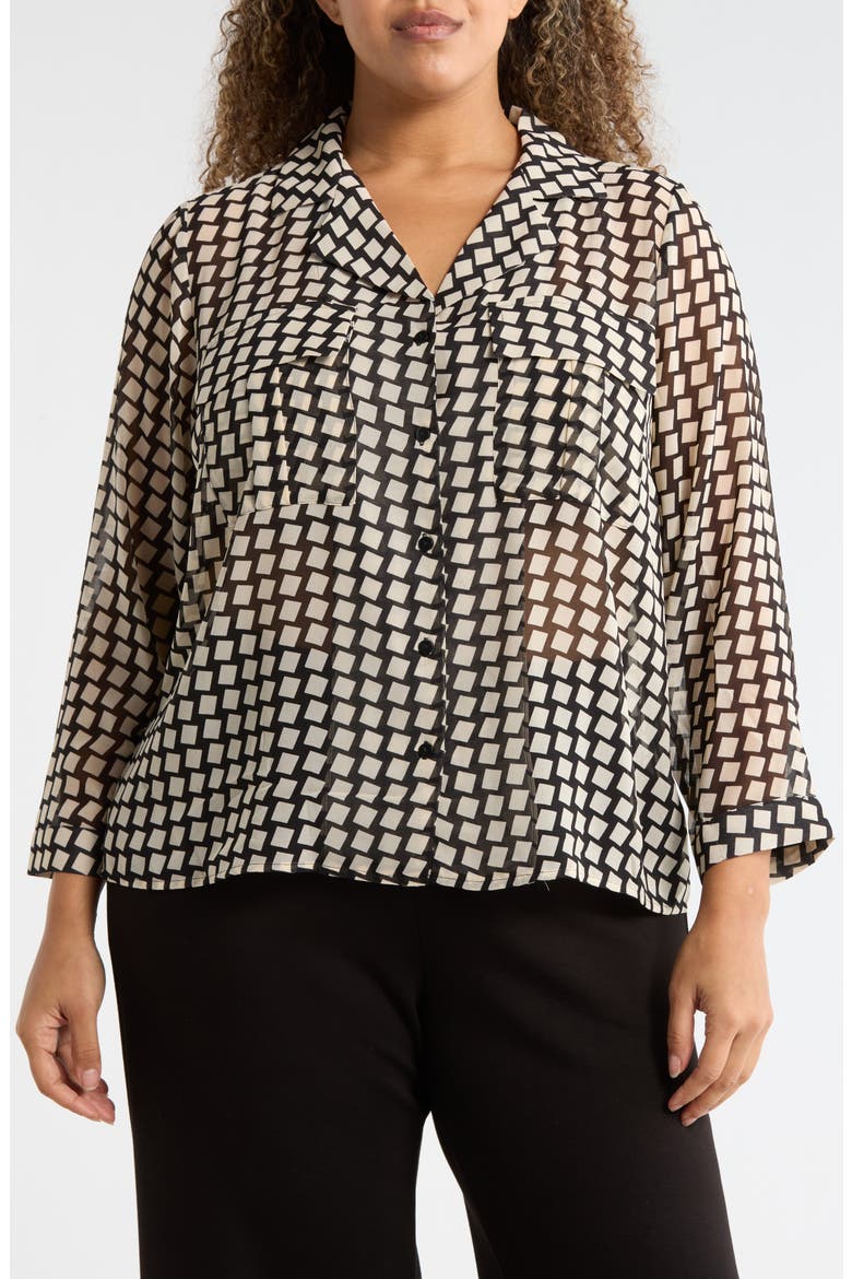 Long Sleeve Crop Utility Button-Up Shirt, Main, color, BLACK/ CREAM GEO
