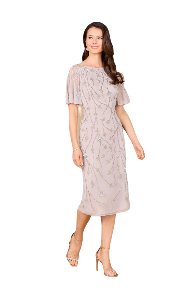 LARA New York Beaded Midi Dress with Cape Sleeves, Main, color, Silver