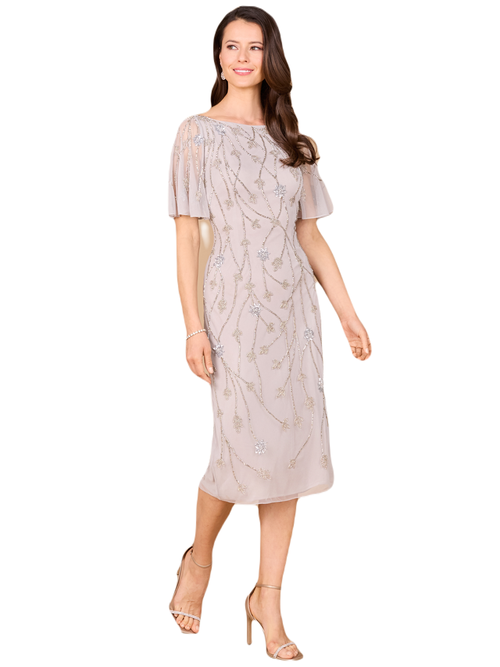 Lara New York Beaded Midi Dress With Cape Sleeves In Silver