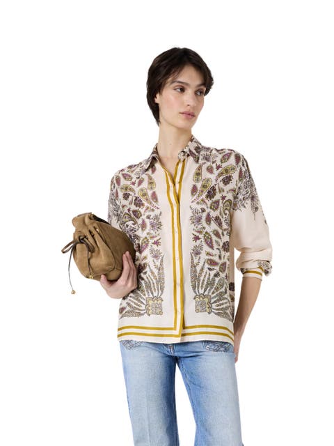 Draped Paisley Button-Down Blouse