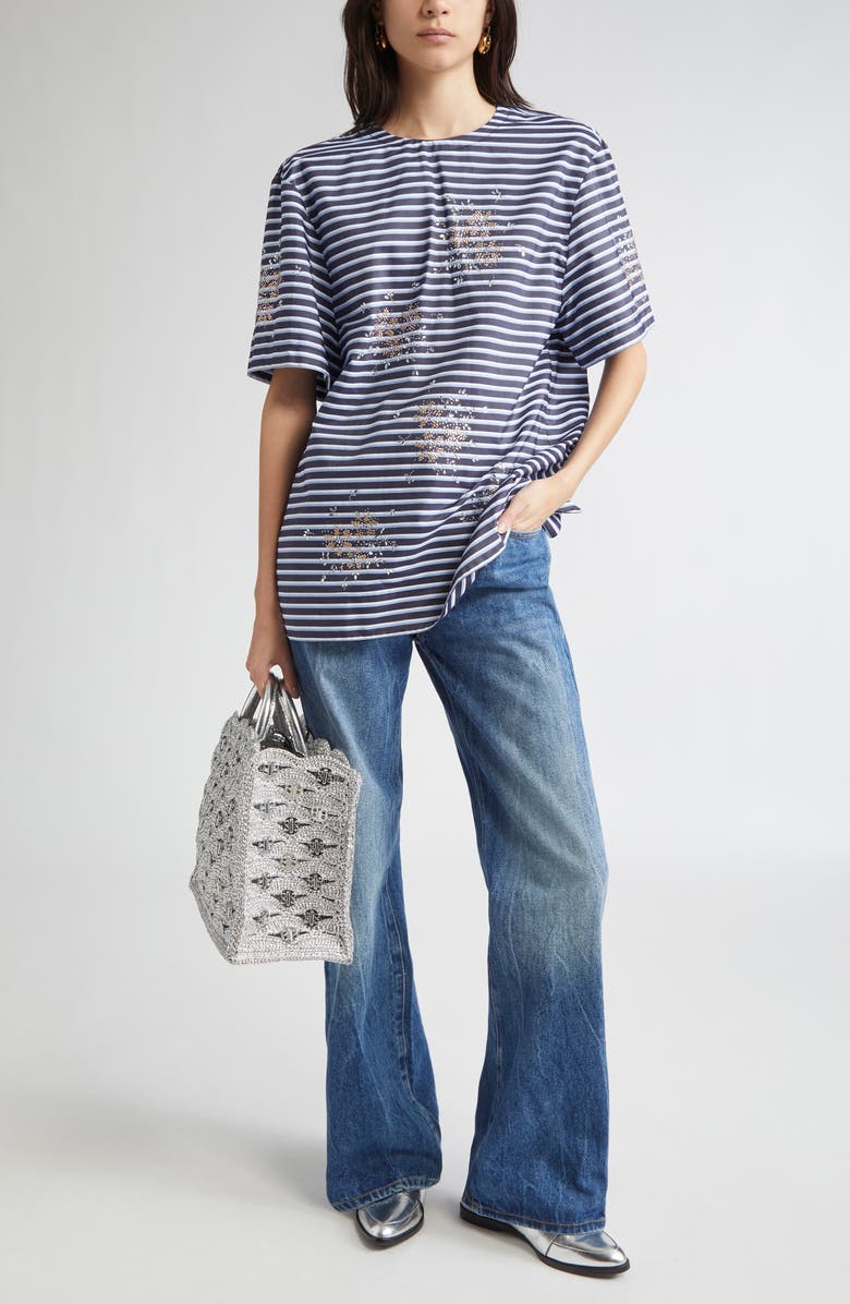 Rabanne Haut Crystal Embellished Tie Back Top, Alternate, color, Stripes Black / Blue