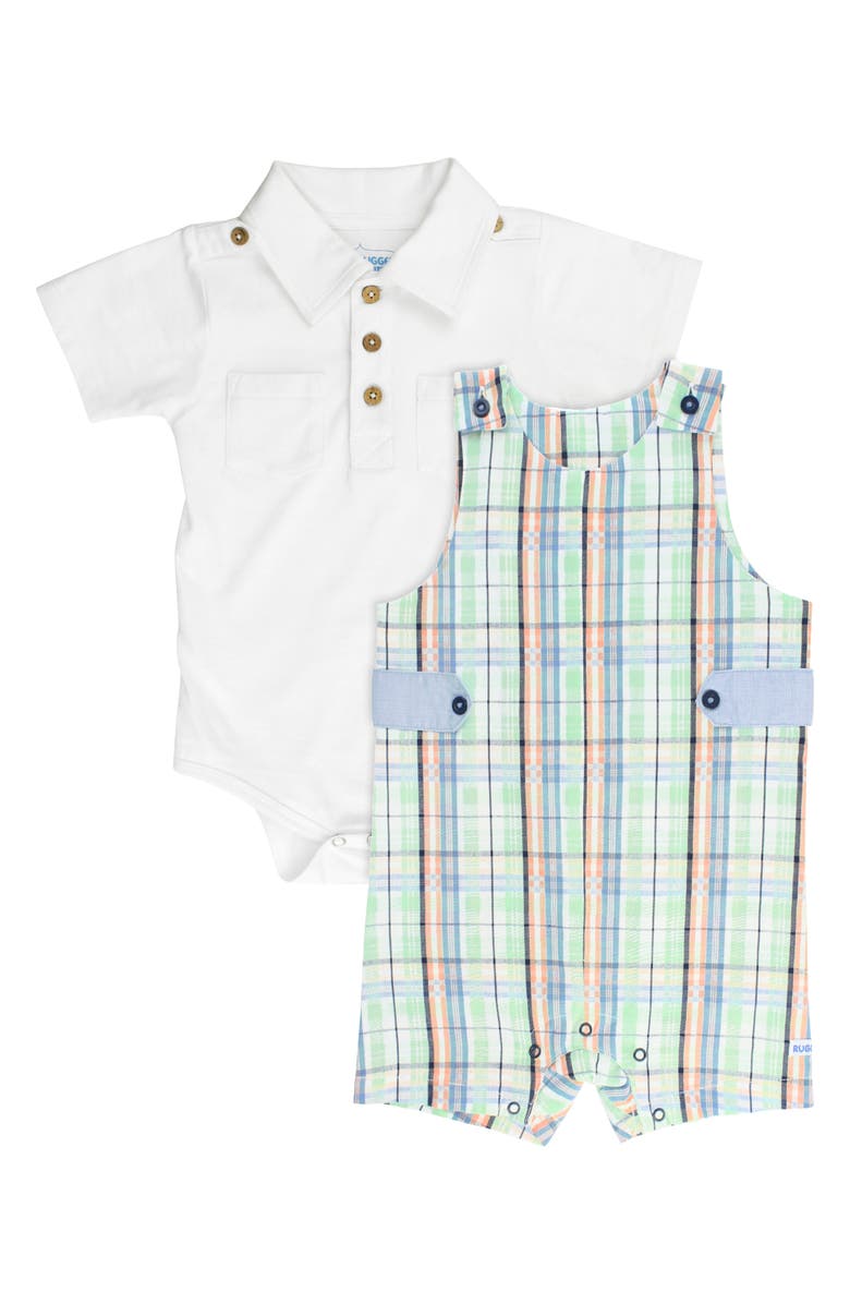 RuggedButts Knox Bodysuit & Plaid Overalls Set, Main, color, 