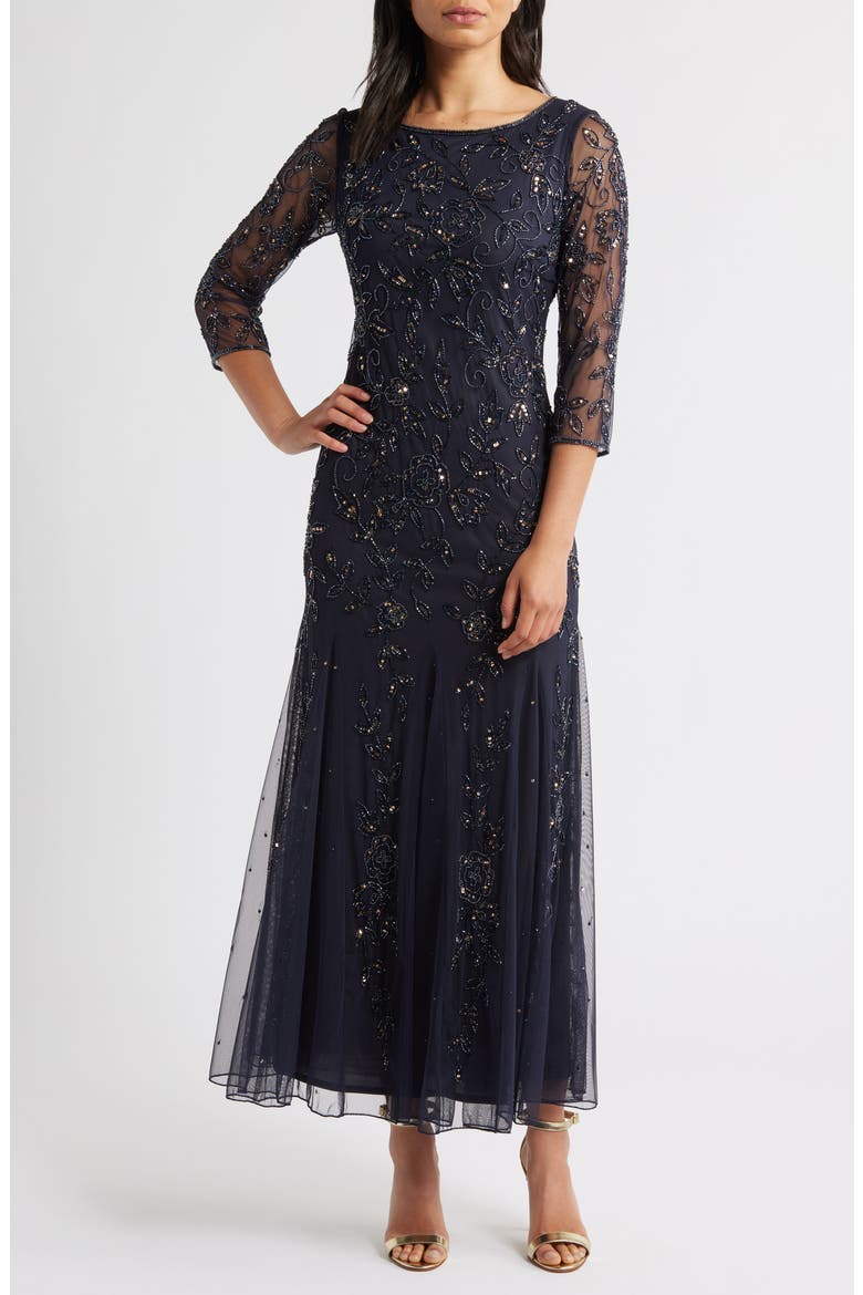Floral Beaded Tulle Gown, Main, color, JBS SLATE