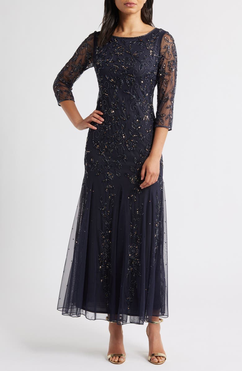 Pisarro Nights Floral Beaded Tulle Gown, Main, color, Jbs Slate
