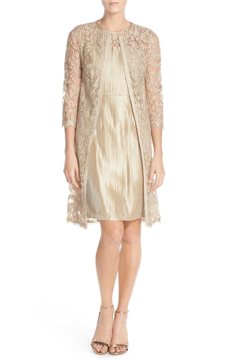 Adrianna Papell Embroidered Lace Illusion Yoke Sheath Dress & Topper, Main, color,