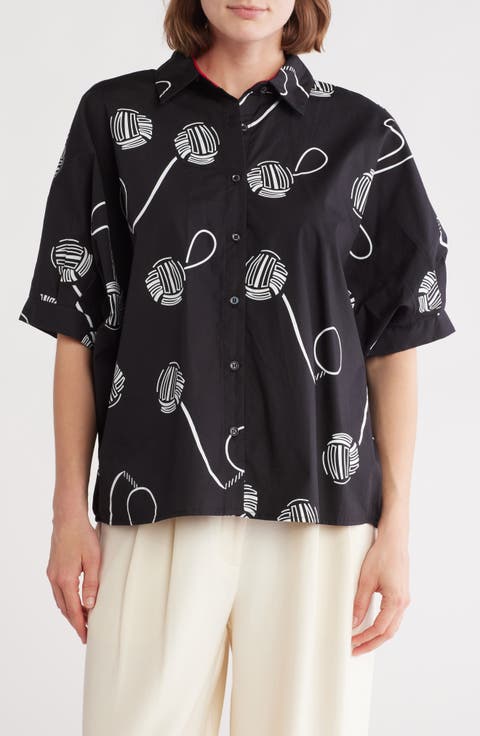 Printed Short Sleeve Boxy Button-Up Shirt