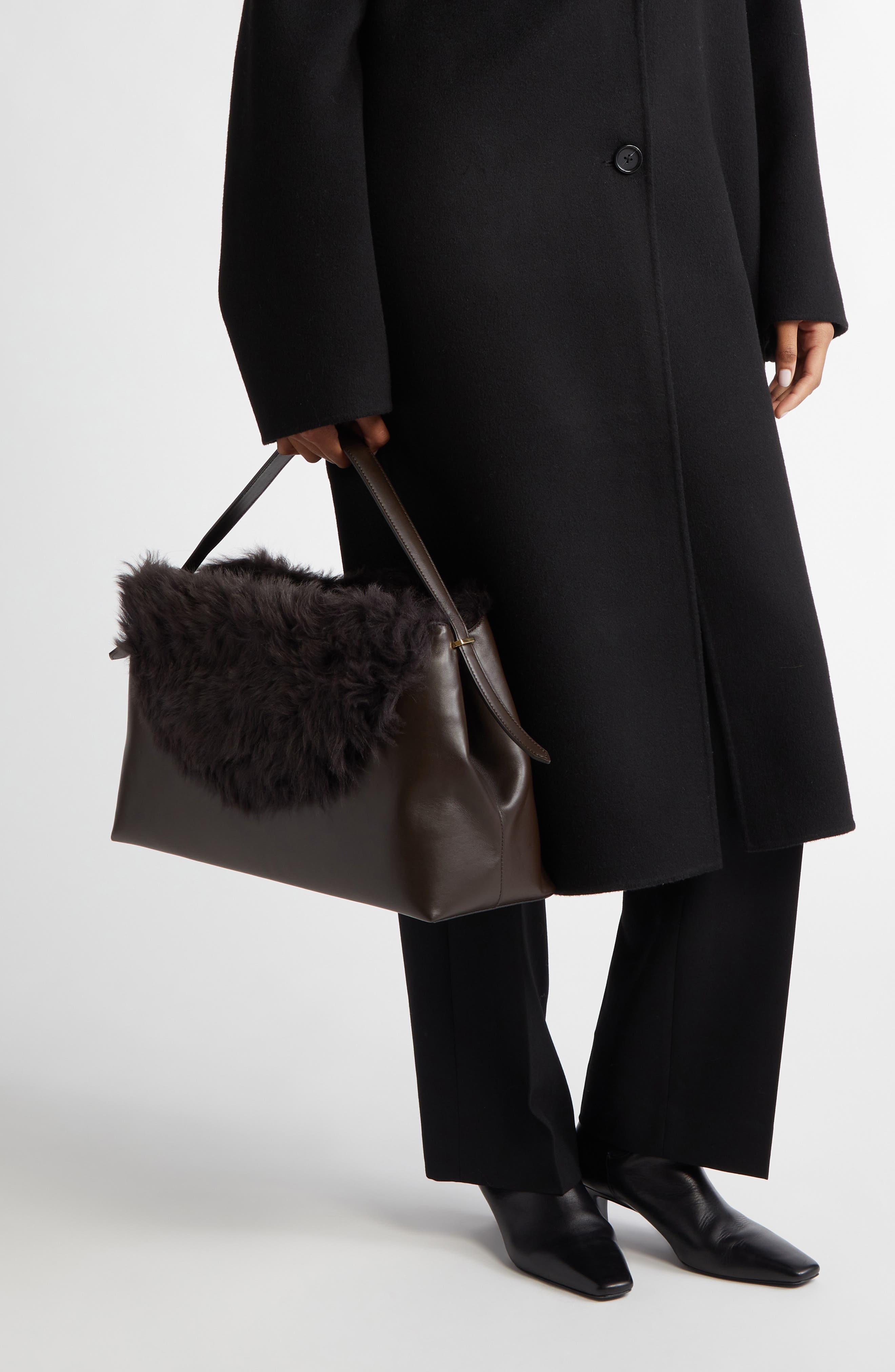 TOTEME T-Lock Leather 
Genuine Shearling Top Handle Bag, Alternate, color, Bark