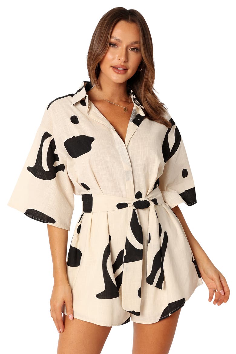 Kellie Abstract Print Cotton Romper, Alternate, color, BEIGE BLACK
