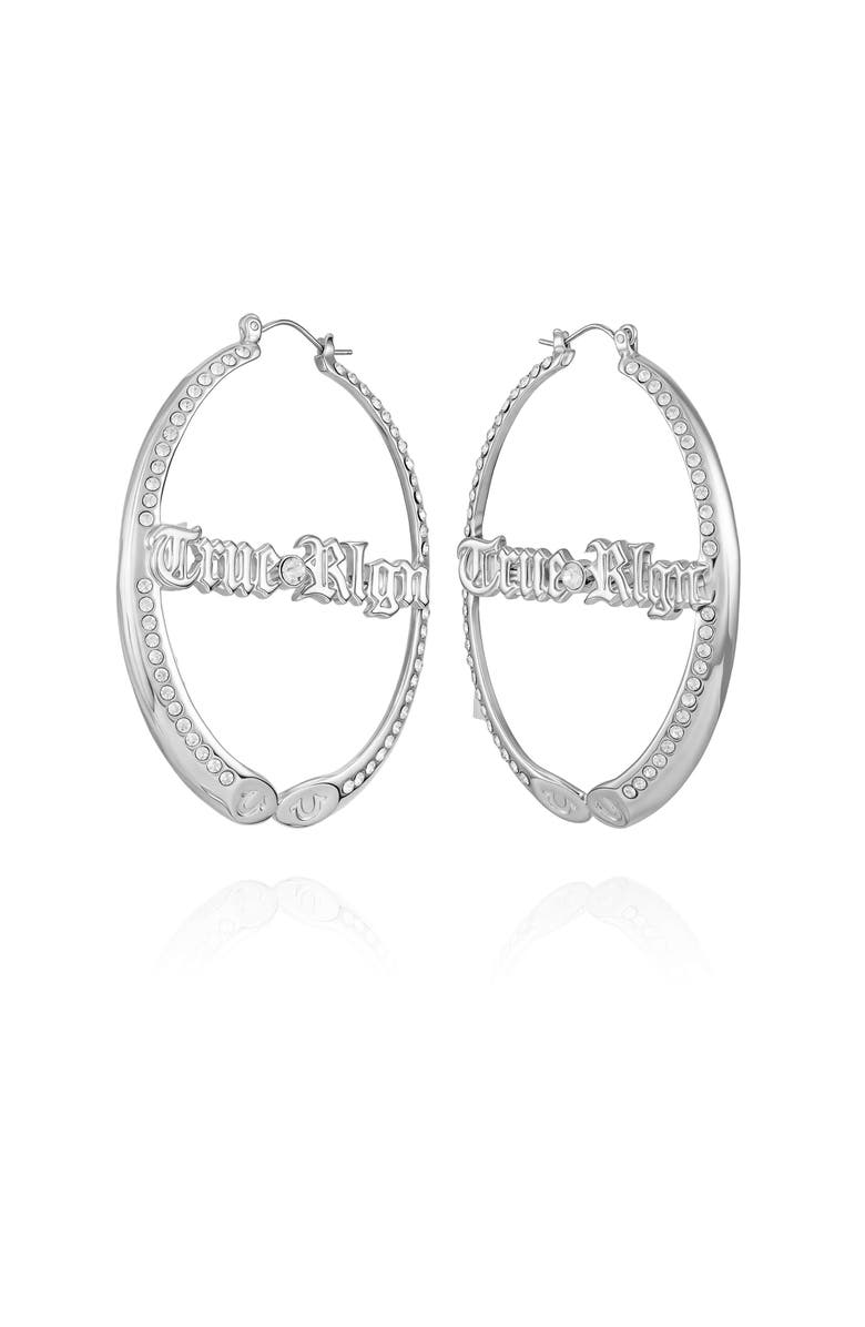 True Religion Pave & Logo Oval hoop earring, Alternate, color, Silvertone