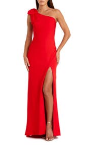 Mac Duggal One-Shoulder Stretch-Crepe Gown with Oversized Bow & Thigh-High Slit