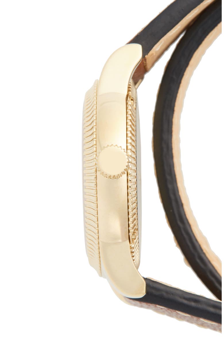 'Utilitarian' Round Leather Wrap Watch, 30mm, Alternate, color, TAN/ GOLD