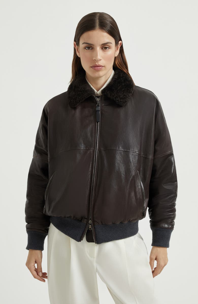 Brunello Cucinelli Nappa leather bomber jacket, Alternate, color, Cocoa