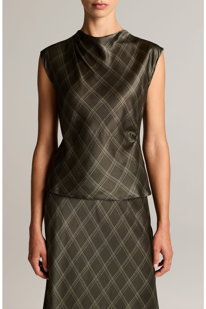 Diamond Plaid Draped Silk Top, Main, color, DARK MOSS/ SAGE