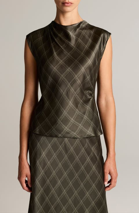 Diamond Plaid Draped Silk Top