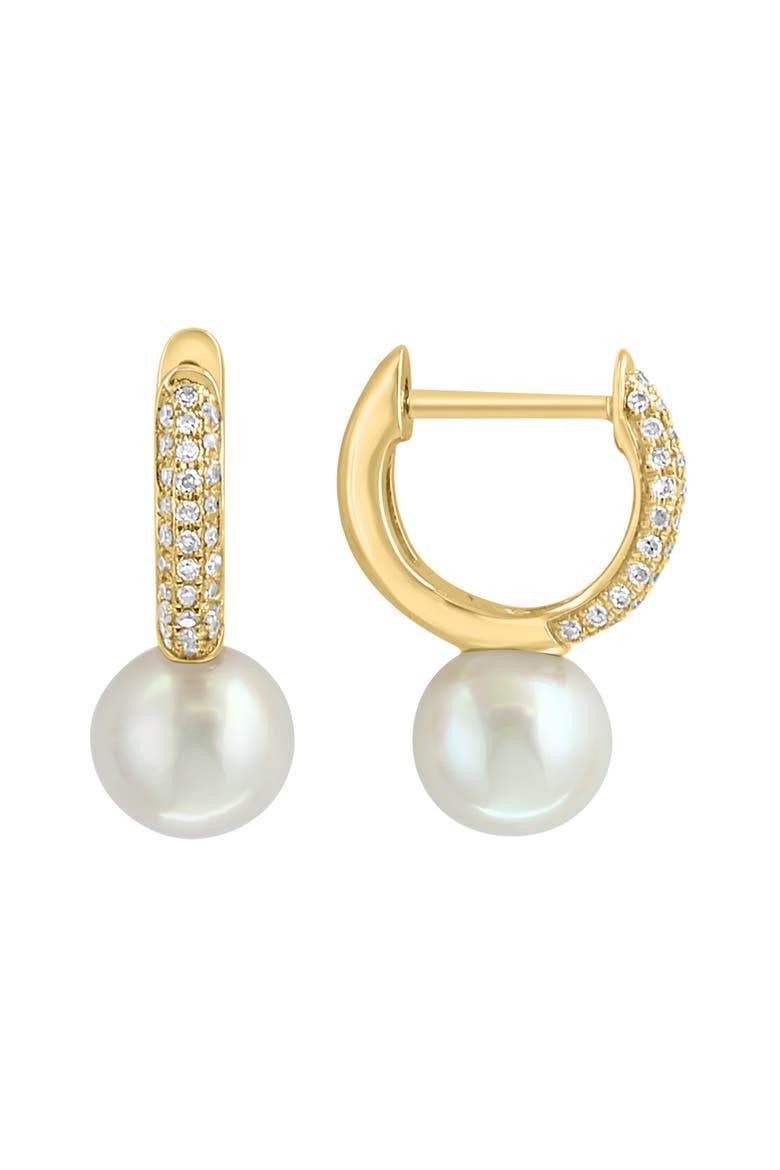14K Yellow Gold Fresh Water Pearl Diamond Huggie Earrings, Alternate, color, 14K Gold