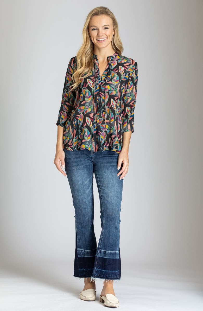 APNY Print Tassel Split Neck Chiffon Top, Alternate, color, Black Leaves Multi