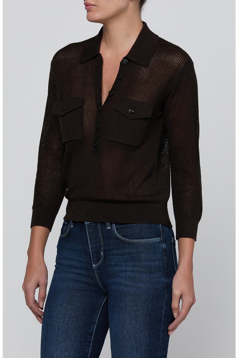 Carine Pointelle Polo Sweater, Alternate, color, COFFEE BEAN