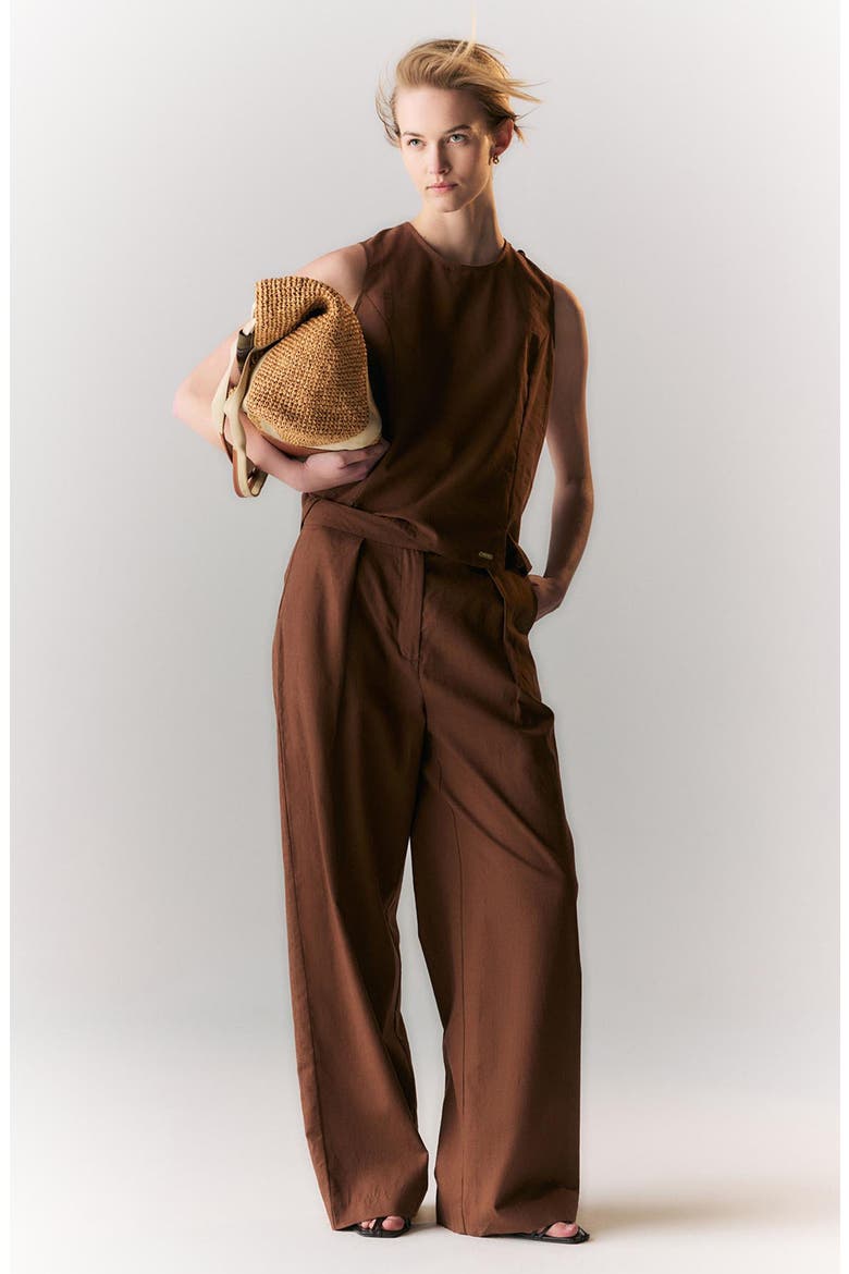 Lucy Pleated High Waist Cotton & Linen Pants, Alternate, color, WALNUT