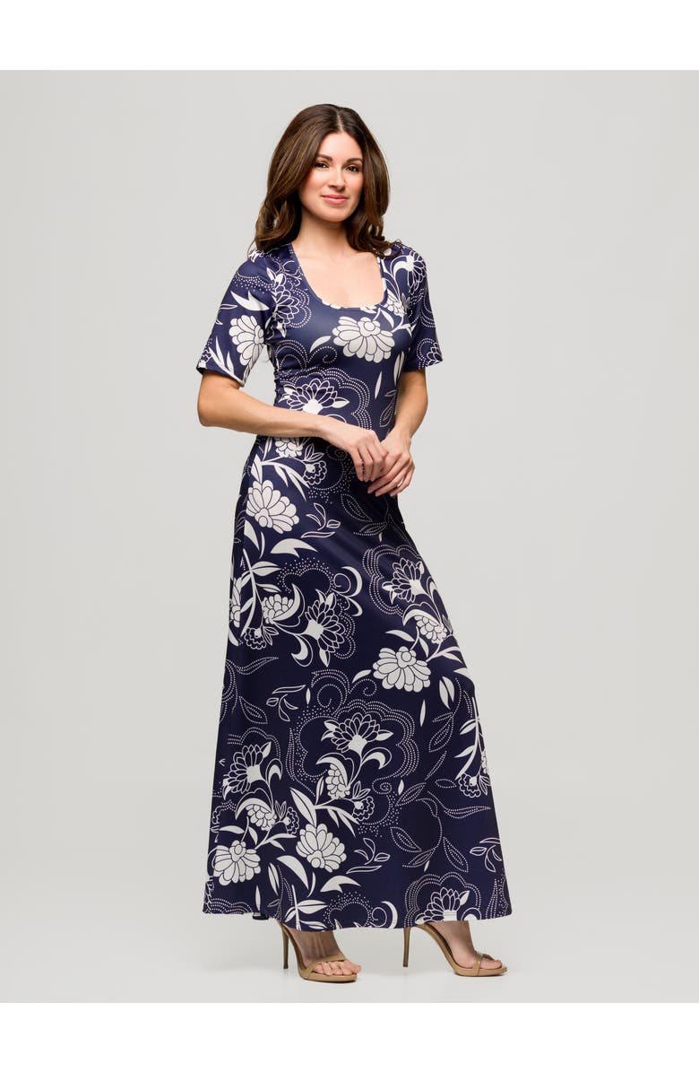 24seven Comfort Apparel Blue Floral Print Elbow Sleeve Casual A-Line Maxi Dress, Alternate, color, Navy Multi