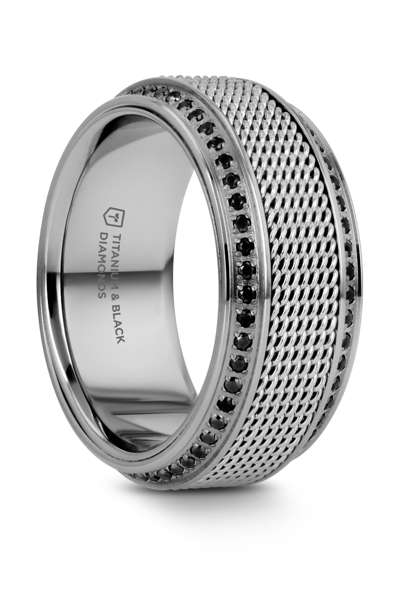 Gauntlet Steel Chain Titanium Wedding Ring, Main, color, Silver / Black Diamonds