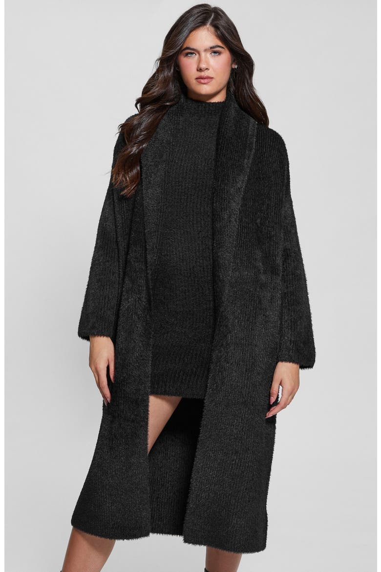 Vero Fuzzy Shawl Collar Longline Cardigan, Alternate, color, JET BLACK