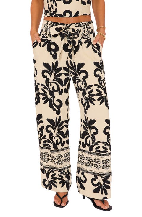 Coastal Print Tie Waist Wide Leg Pants