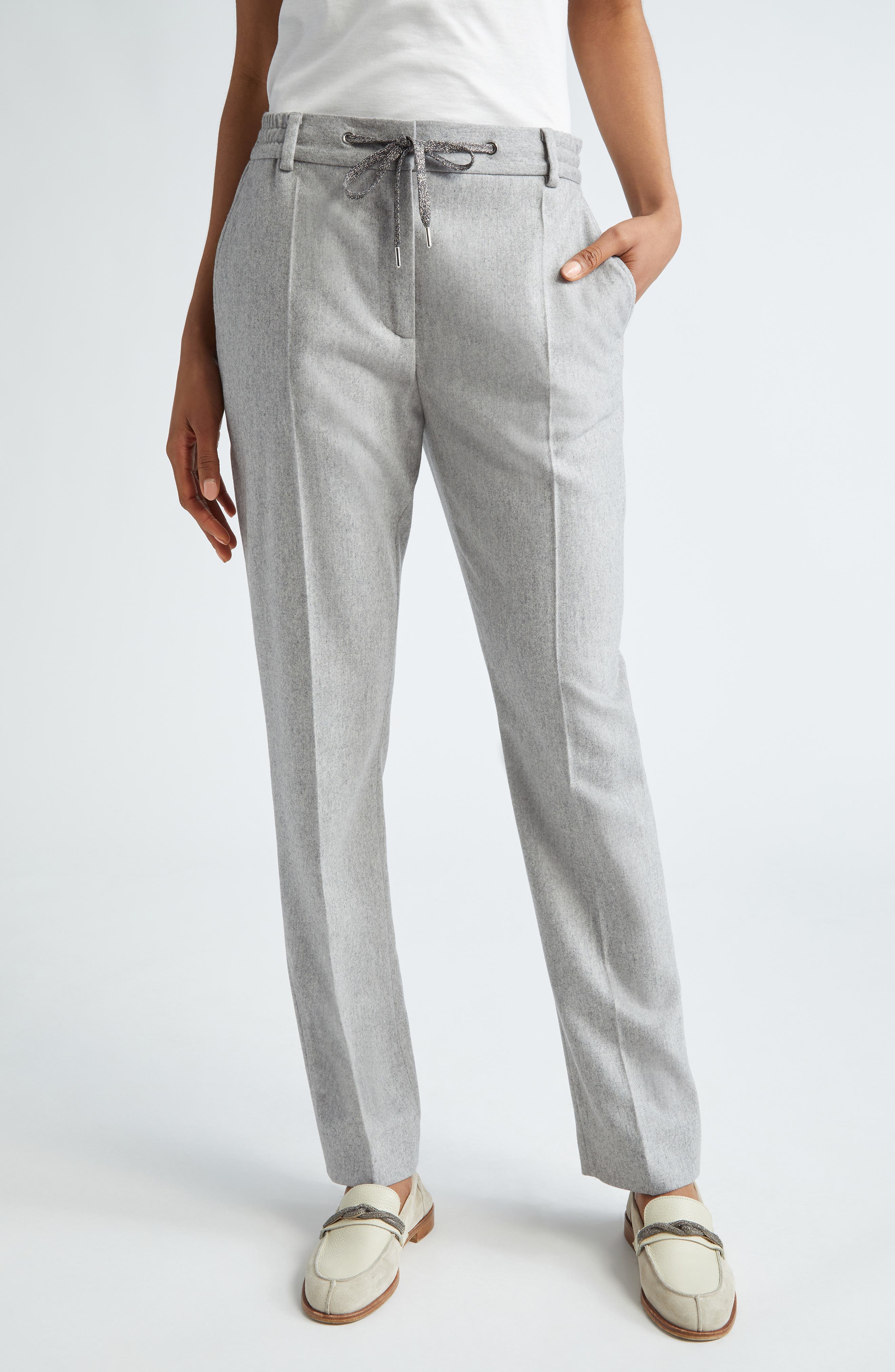Drawstring Stretch Virgin Wool & Cashmere Straight Leg Pants