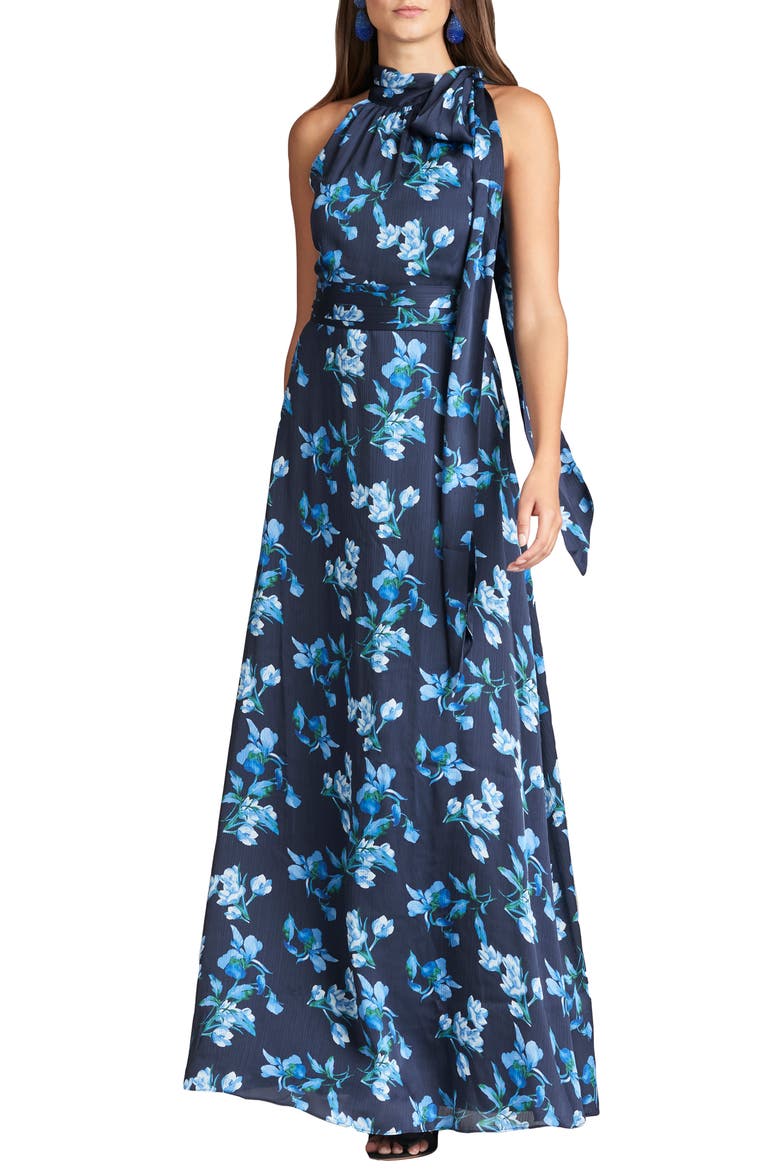Kayla Floral Crinkle Georgette Halter Gown, Main, color, NIGHT SKY VENETIAN PETAL