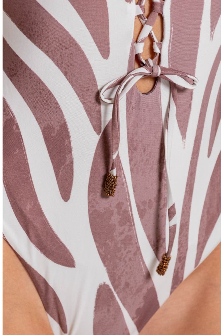 Bead Trim Lace-Up One-Piece Swimsuit, Alternate, color, VANILLA CUSTARD