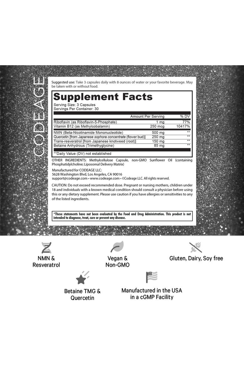 Codeage Liposomal NMN Supplement, NAD precursor, Resveratrol, Betaine, Riboflavin & B12, Quercetin, 90 ct, Alternate, color,