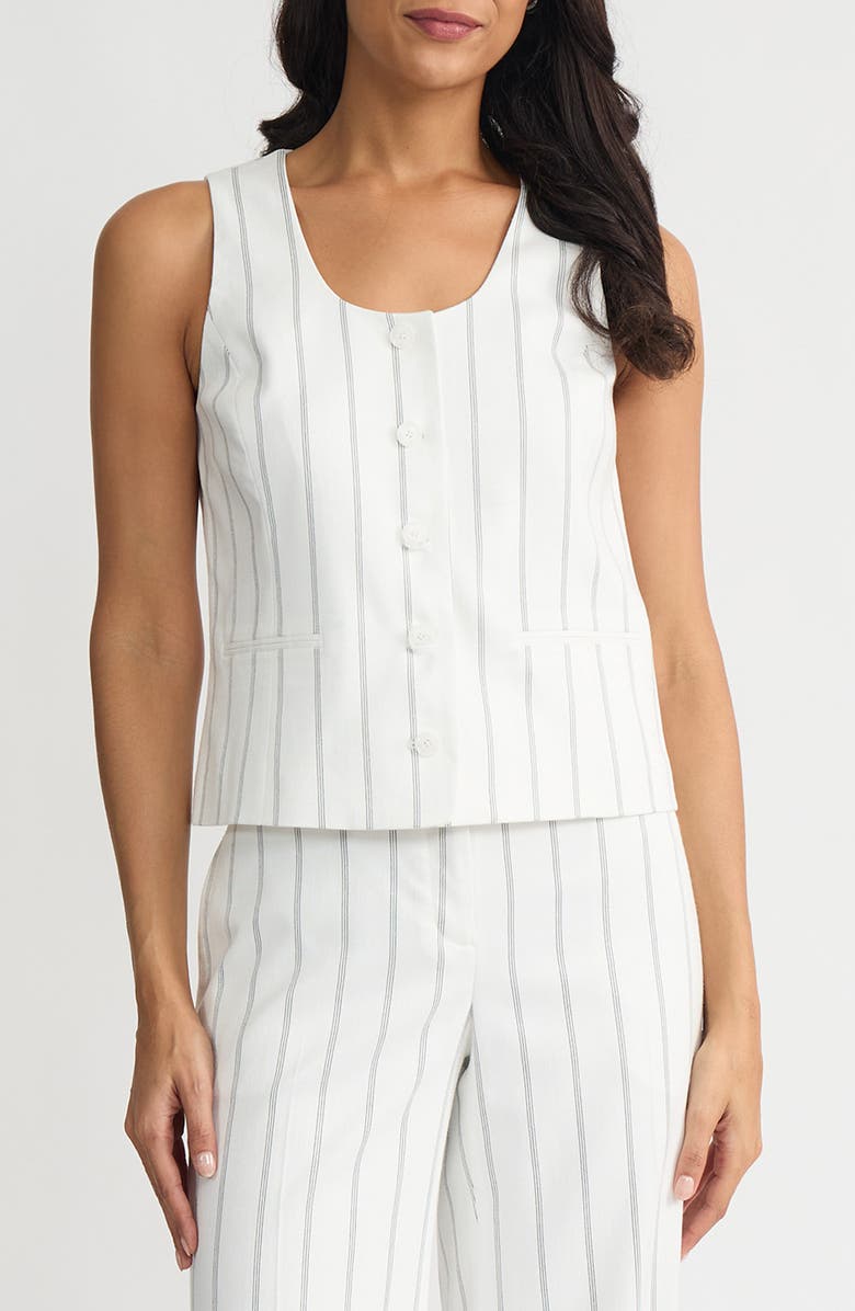 KASPER Pinstripe Scoop Neck Vest, Main, color, Lily White/ Black