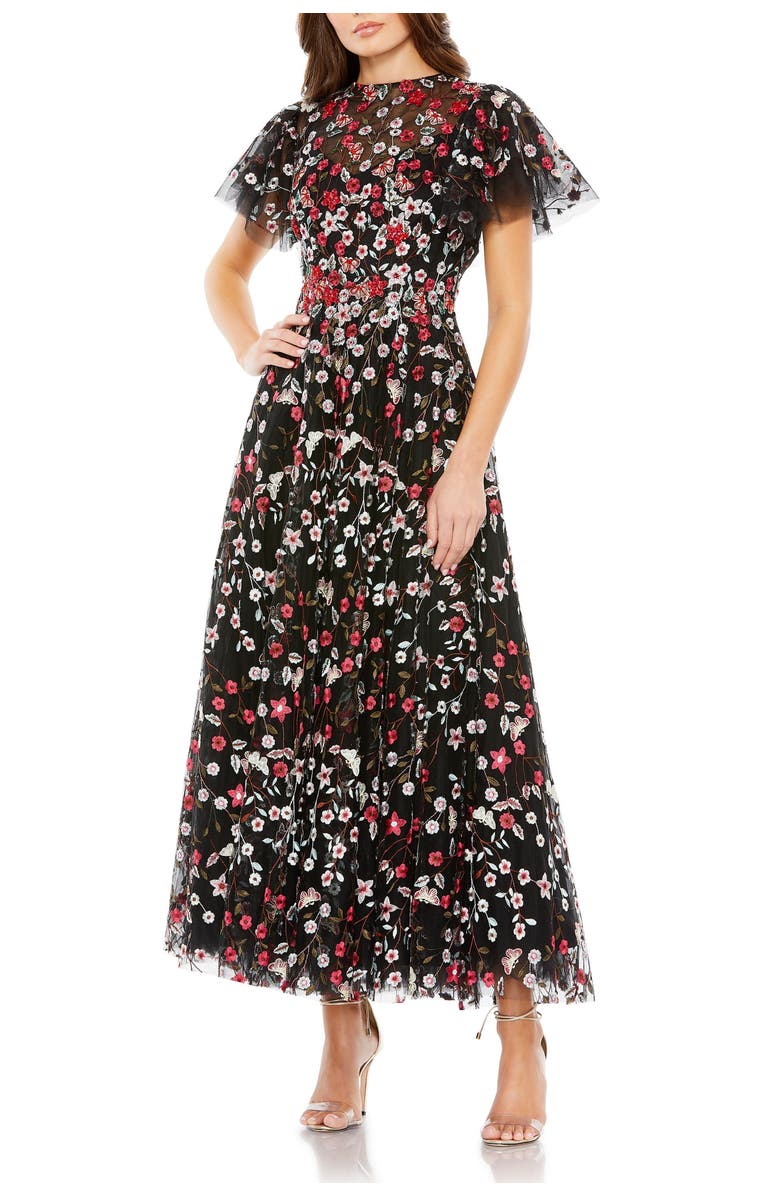 Mac Duggal Embellished Butterfly Tea Length A Line Dress, Main, color, Black Multi