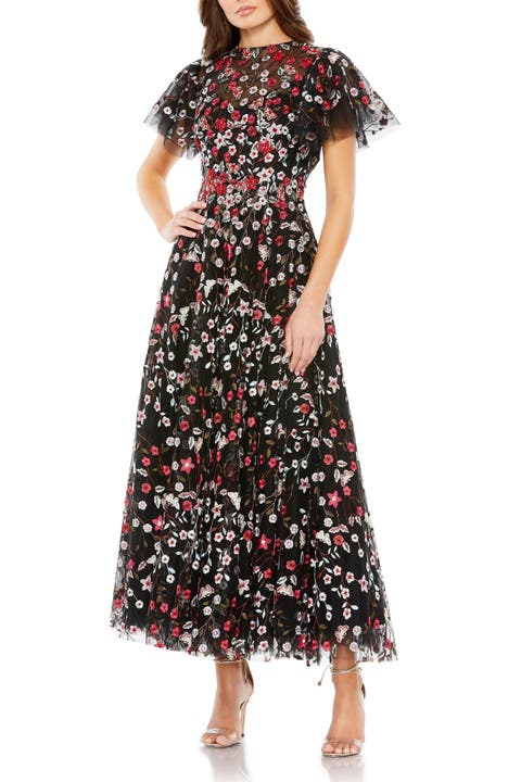 Embellished Butterfly Tea Length A Line Dress