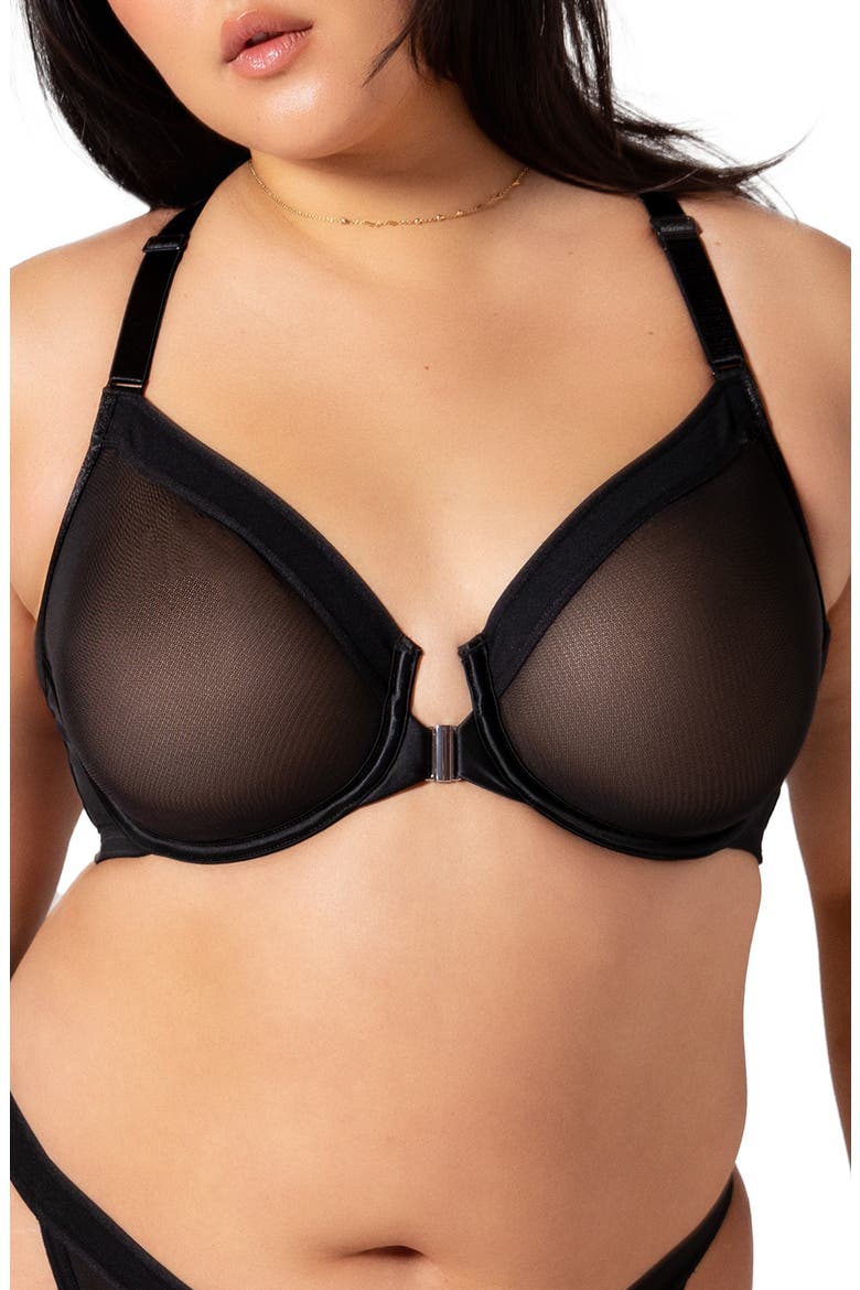Sheer Mesh Front Clasp Racerback Underwire Bra, Main, color, BLACK HUE