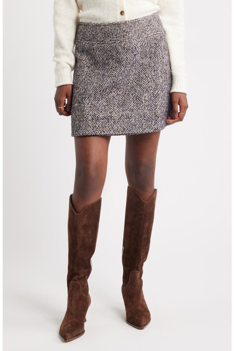 Herrringbone Tweed Wrap Miniskirt, Main, color, BROWN- BLUE TWEED