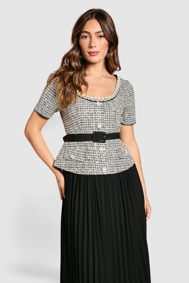 Tweed Bodice Pleated Skirt Dress, Alternate, color, Mono