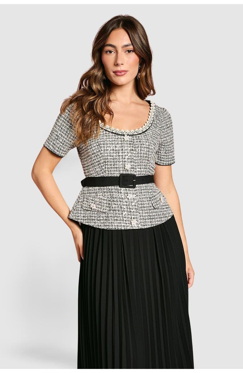 Coast Tweed Bodice Pleated Skirt Dress, Alternate, color, Mono